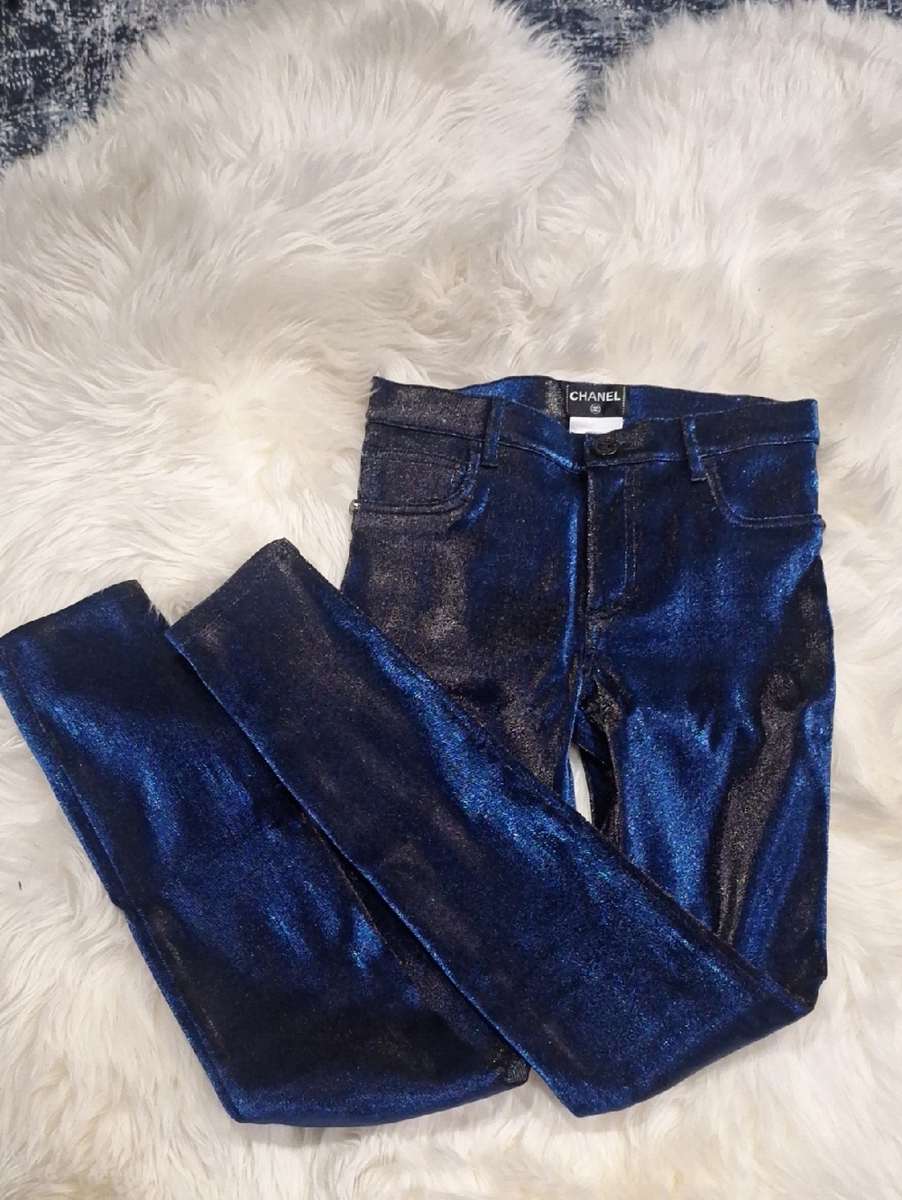 CHANEL Shimmering Navy Metallic Skinny Jeans